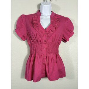 Y2K Vintage Pink‎ Rare Jung Kim USA Babydoll Cinch Waist Top 90’s Button Down